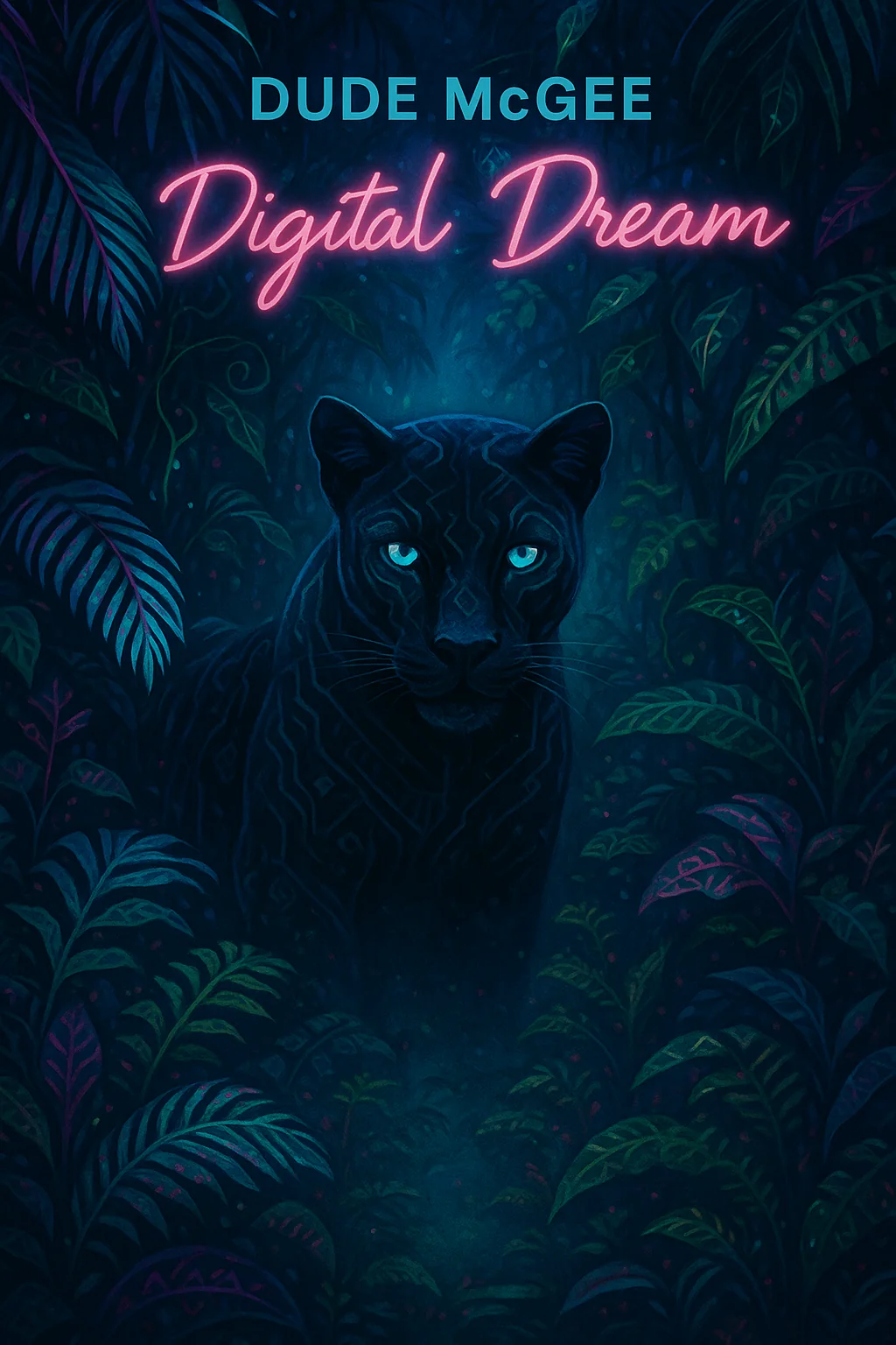 Digital Dream artwork with a panther in a dark tropical jungle