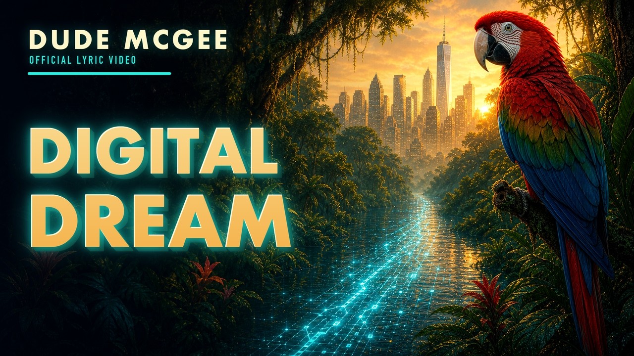 Digital Dream video artwork showing a tropical jungle, glowing code river, city skyline, and macaw