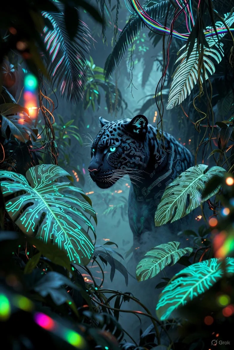Black panther in a glowing digital jungle