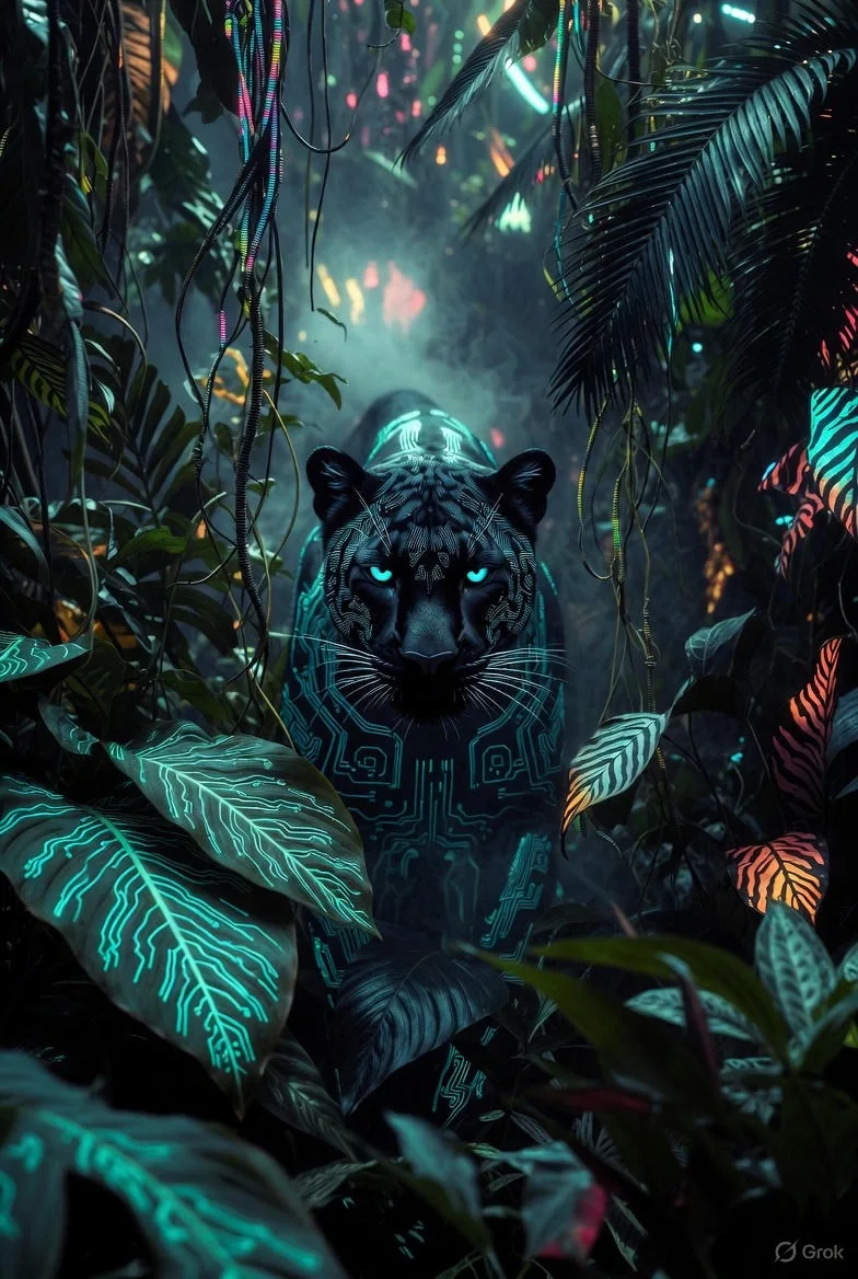 Black panther moving through a circuit-lit jungle