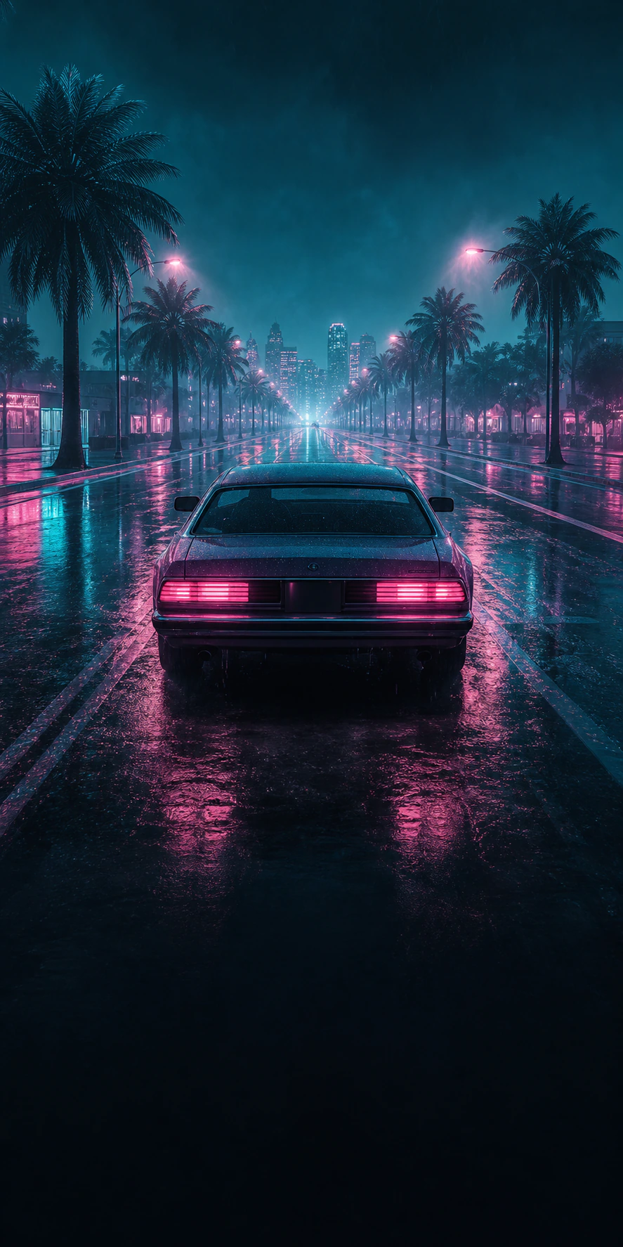 A grand touring coupe on a neon rain-soaked palm-lined boulevard at night