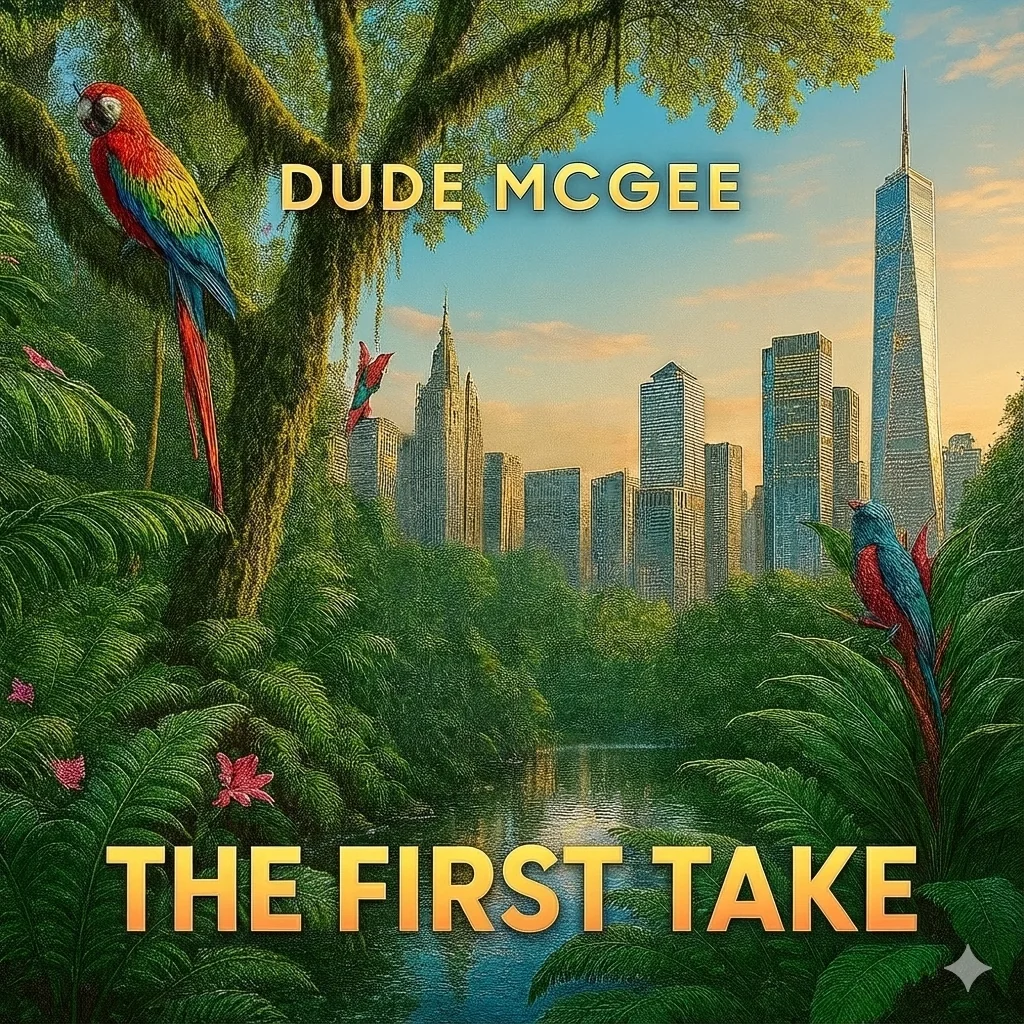 The First Take artwork with a city beyond a lush jungle